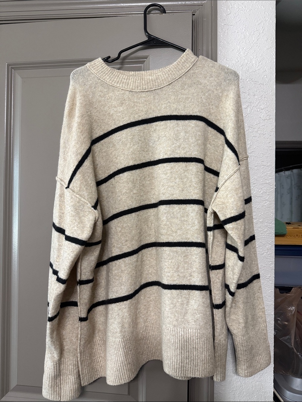 Beige Crewneck Sweater with Black Stripes